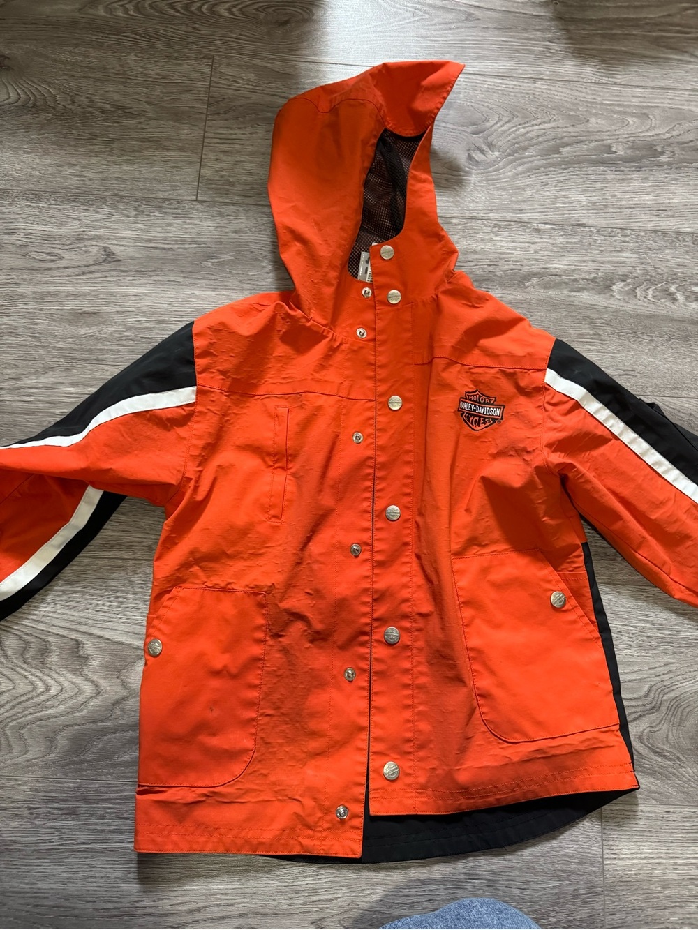 Harley-Davidson Bright Orange Kids Hooded Rain Jacket with Black Accents